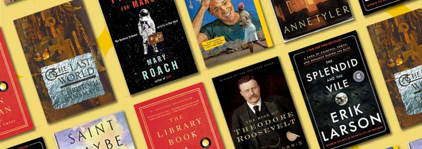 Variety of book covers on top of a yellow background