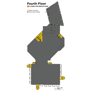 color coded map of the 4th floor of the John C. Hitt Library. Currently closed for renovations.