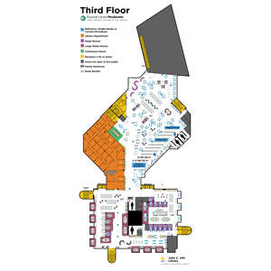 color coded map of the 3rd floor of the John C. Hitt Library. Describes where staircases, elevators, study rooms, and classrooms are located